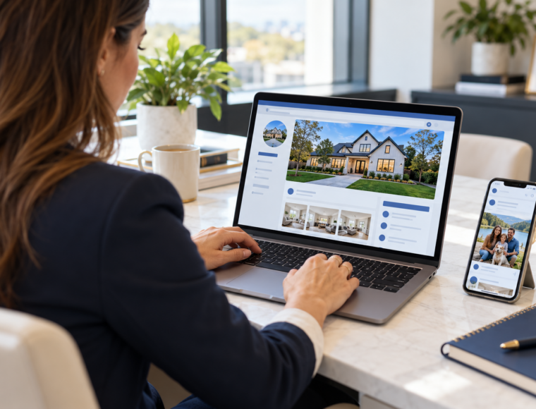 Real estate professional managing a business social media page on a laptop beside a personal feed on a smartphone.