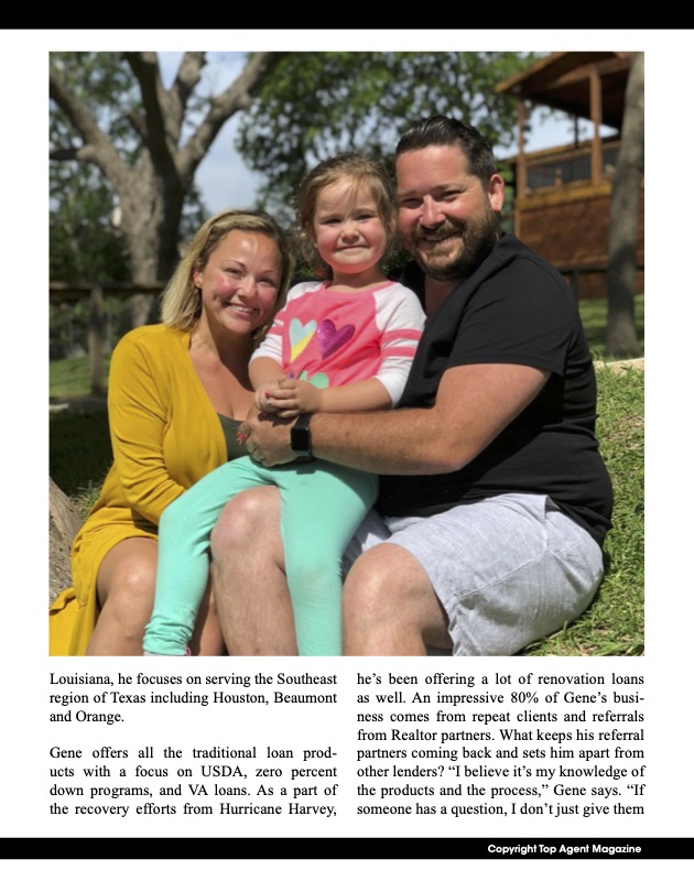 Gene Dupuis smiling with his wife and young daughter outdoors, featured in Top Agent Magazine’s profile.