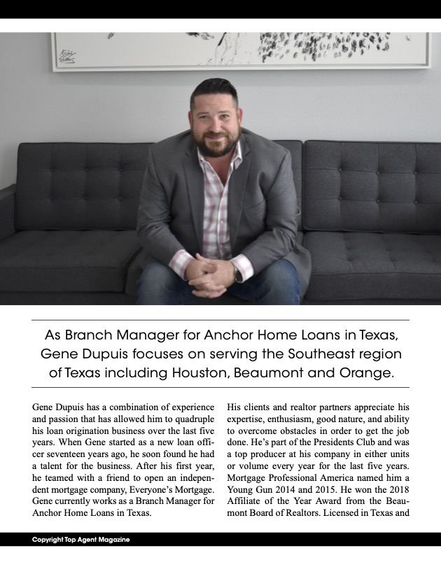 Gene Dupuis seated in a professional portrait for Top Agent Magazine, highlighting his leadership in mortgage lending across Southeast Texas.