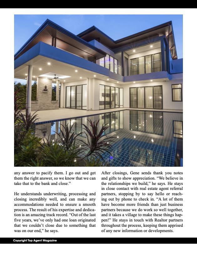 Modern luxury home with pool at dusk, representing the high-end properties featured in Gene Dupuis’ Top Agent Magazine profile.