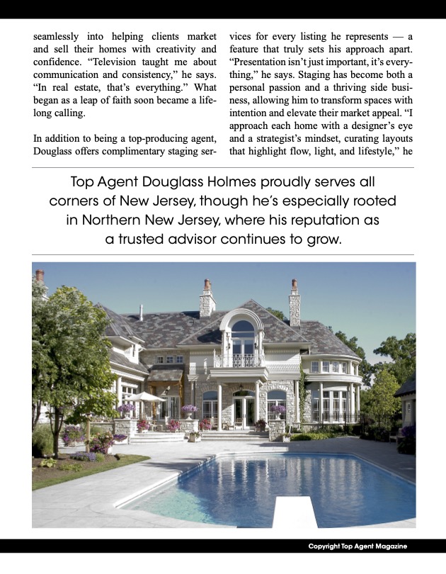 Large stone estate with a swimming pool and landscaped backyard, featured in Douglass Holmes’ real estate work.