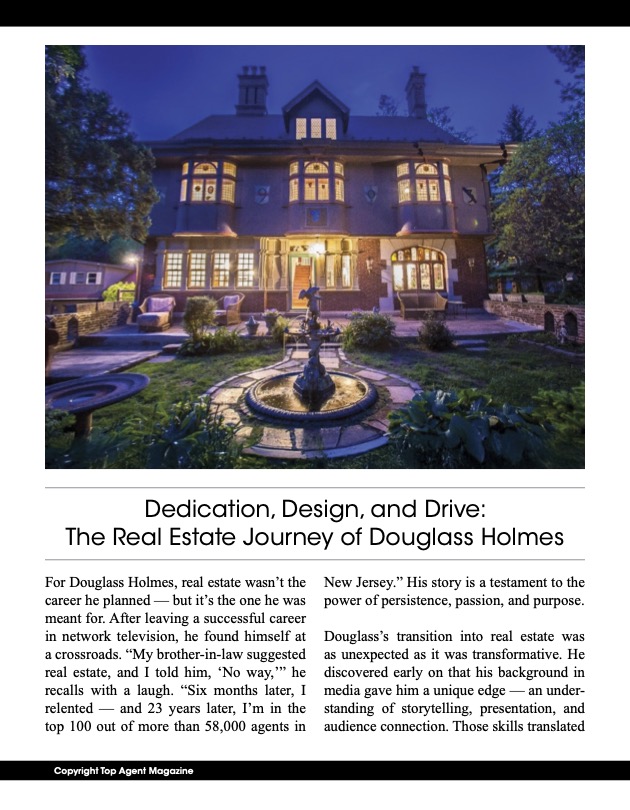 Exterior of a luxury New Jersey home at dusk with glowing windows and a fountain, featured in Douglass Holmes’ real estate portfolio.