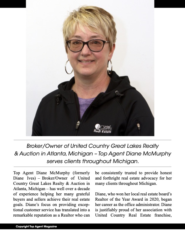 Diane McMurphy Headshot of Diane McMurphy, Broker/Owner of United Country Great Lakes Realty & Auction.