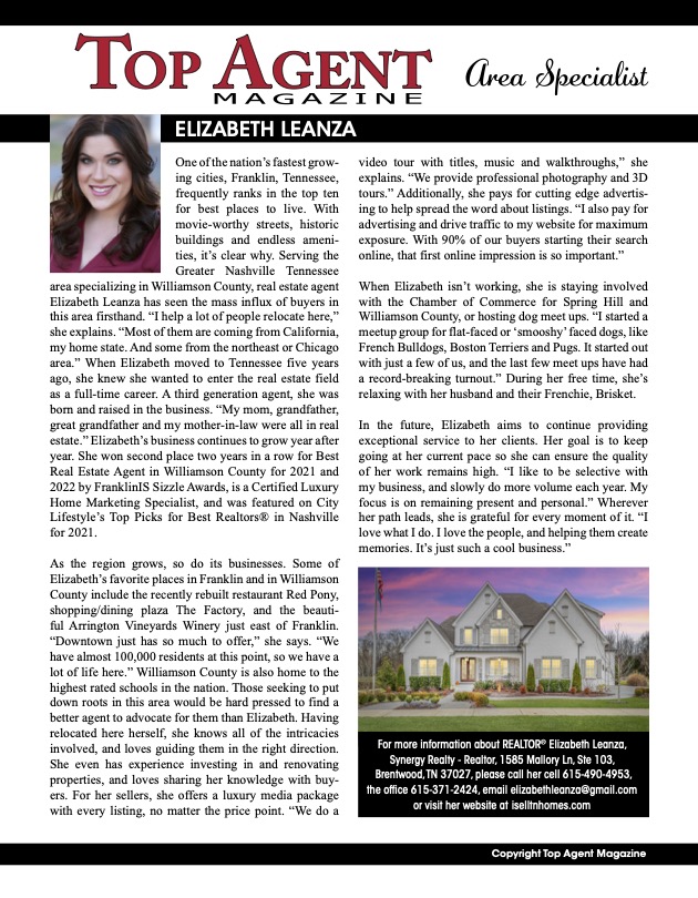 Tennessee Real Estate Agent Elizabeth Leanza, Franklin, Tennessee Elizabeth Leanza, Synergy Realty, Nashville Real Estate Agent Elizabeth Leanza, Williamson County Homes for Sale