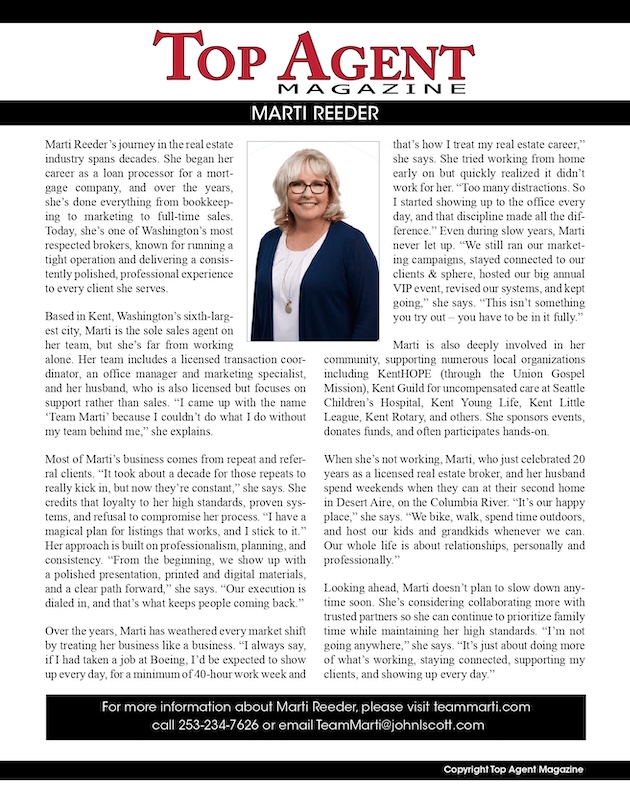 Marti Reeder, featured in Top Agent Magazine as a leading real estate agent in Washington