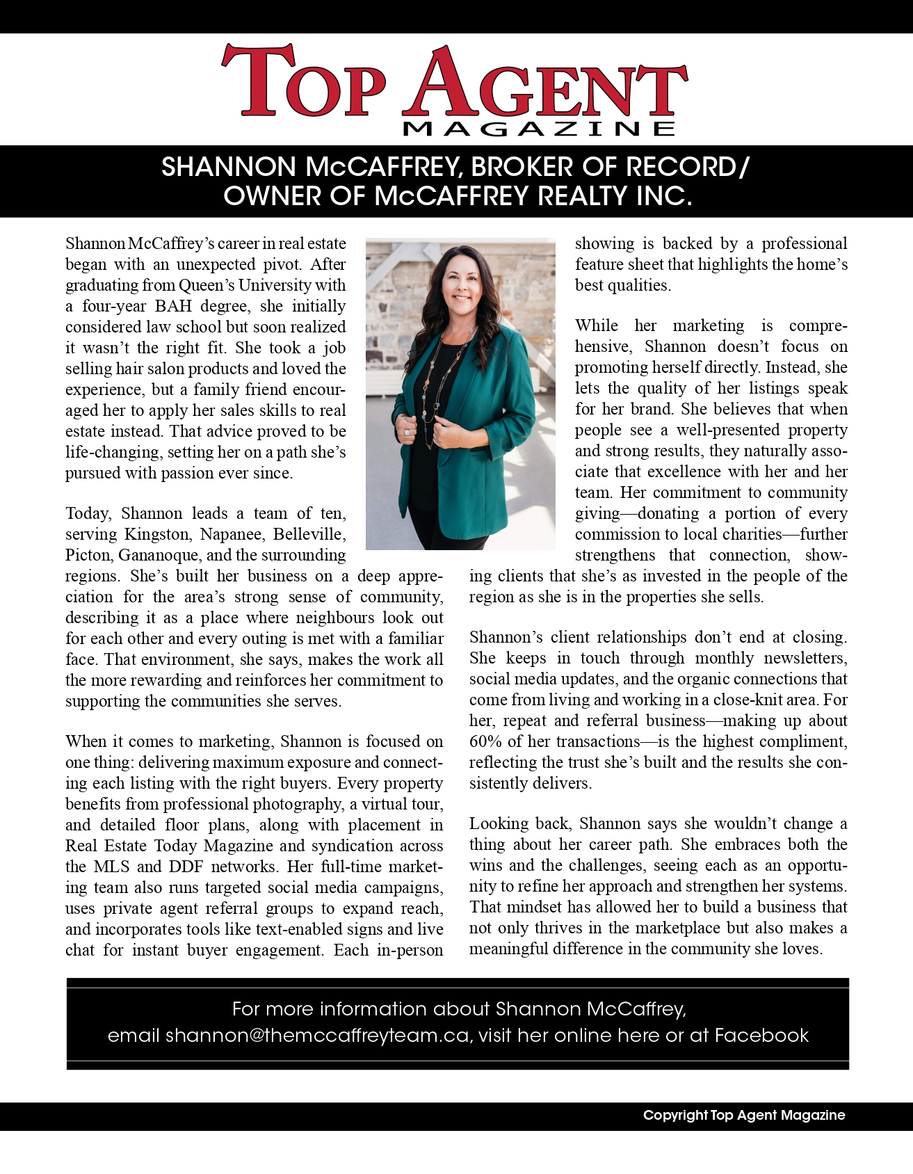 Shannon McCaffrey featured in Top Agent Magazine as a leading Ontario real estate agent